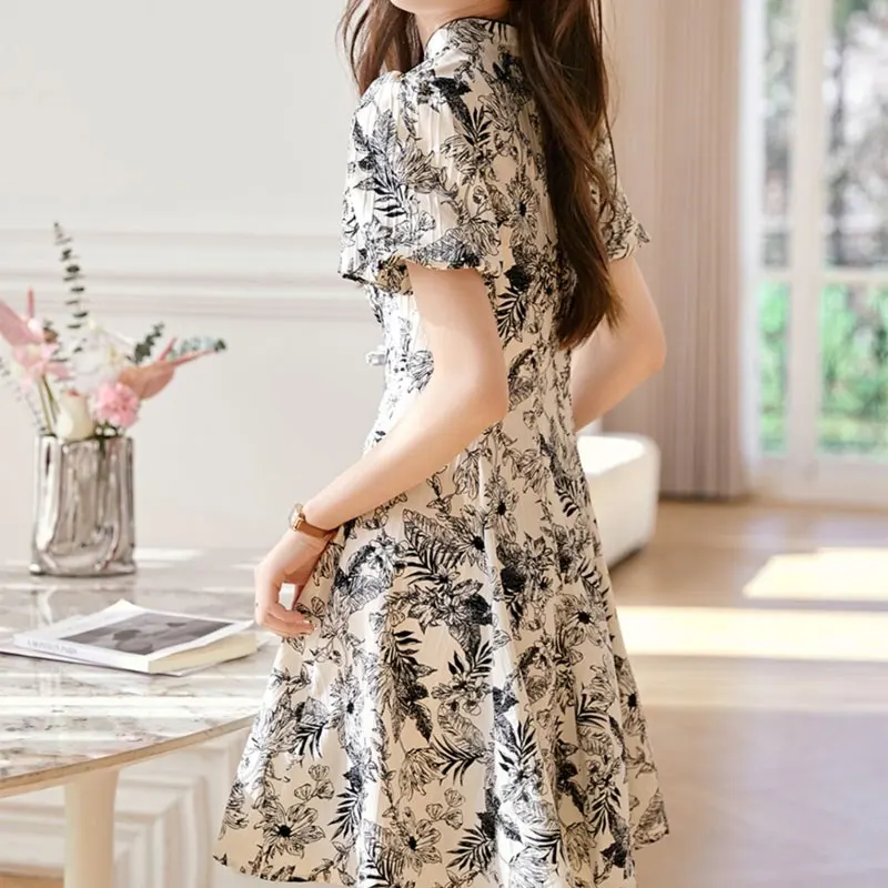 Chinese Disc Buckle Stand Collar Dresses Summer Short Sleeve Female Clothing Spliced A-Line Vintage Broken Flowers Midi Dress