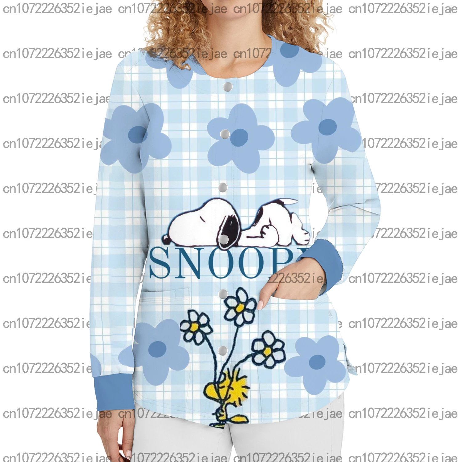 سنوبي مطبوعة كم طويل ممرضة موحدة صالون تجميل الأسنان الحيوانات الأليفة متجر المرأة جيب أزرار خاطفة ثوب جراحي دافئ سترة