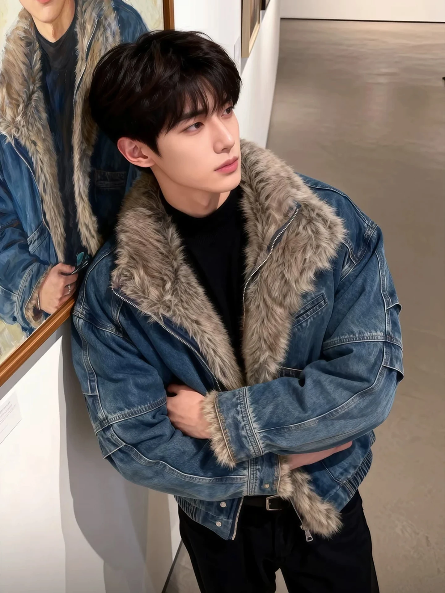 

Men's Winter Thiened Fce Lined ort Cotton Jaet with Fur Collar Deconstructed Waed Denim Eagle Embroidery American ...