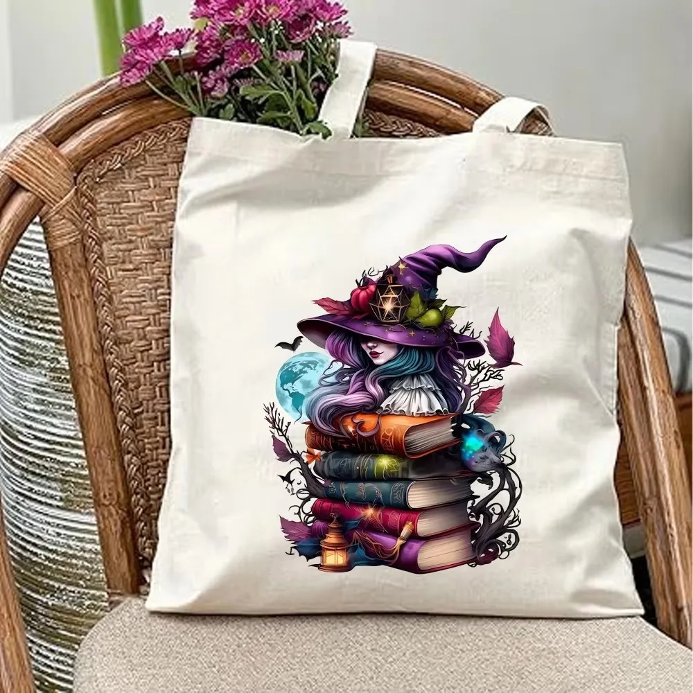 Personalized Witch Stack Books Canvas Tote Bag Custom Name Halloween Reading Grocery Shopping Bag Reusable for Women Girls Gifts