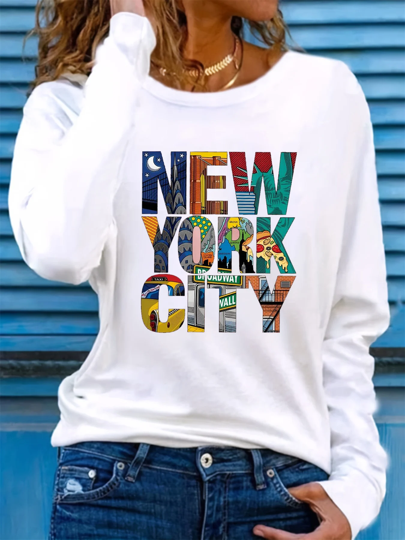 100% pure cotton women's spring and autumn comfortable casual long sleeved New York City graphic printed round neck T-shirt