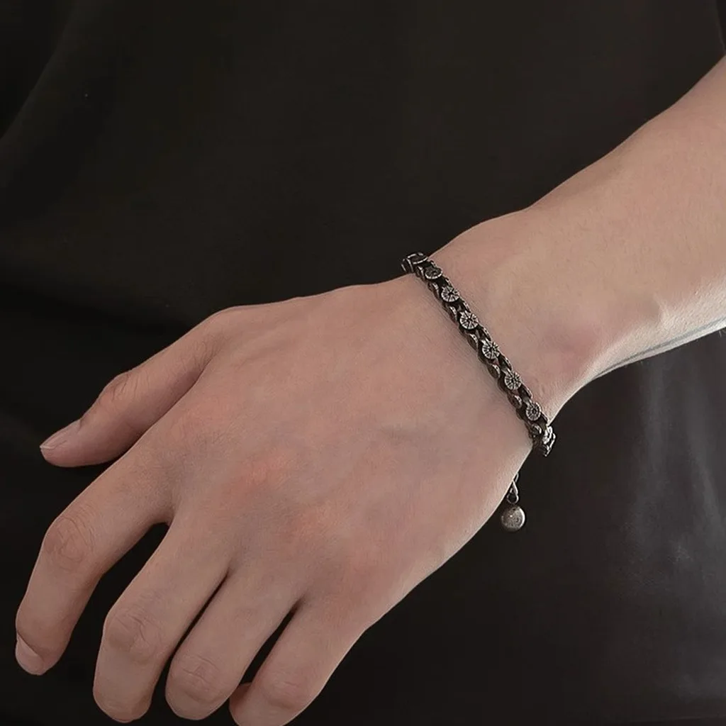 Titanium Steel Bracelet Men Vintage Distressed Hip Hop Punk Chain Jewelry Black Metal Wristband Fashion Accessories Trendy
