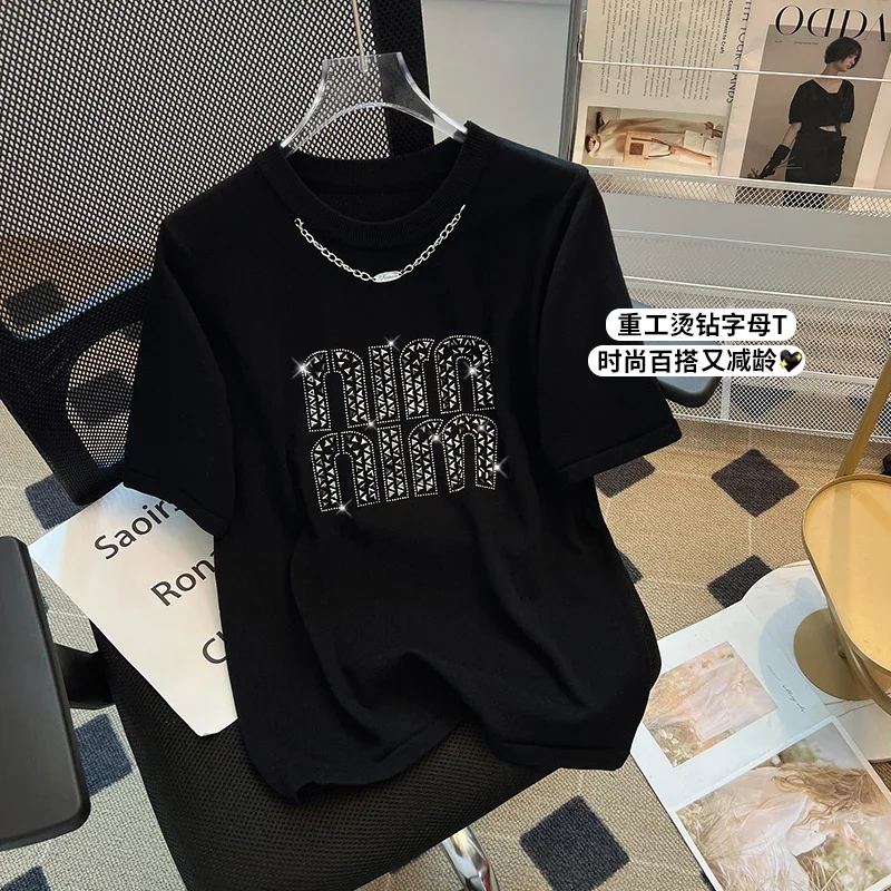 2024 New luxury brand Heavy Industry Hot Diamond Letter Short sleeved T-shirt for Women Summer Loose Round Neck Top Tees