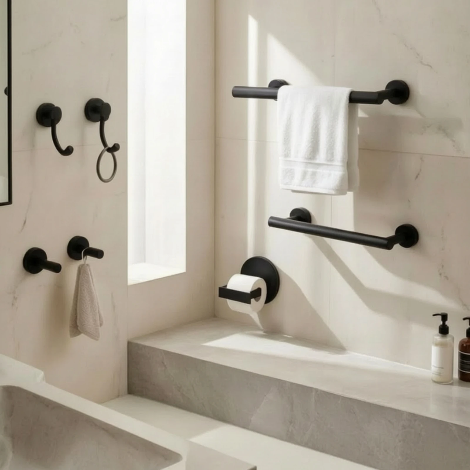14 Pieces Bathroom Hardware Set Matte Black Towel Holder Kit with Hooks Towel Bar Set Stainless Steel Robe Hook Wall-Mounted
