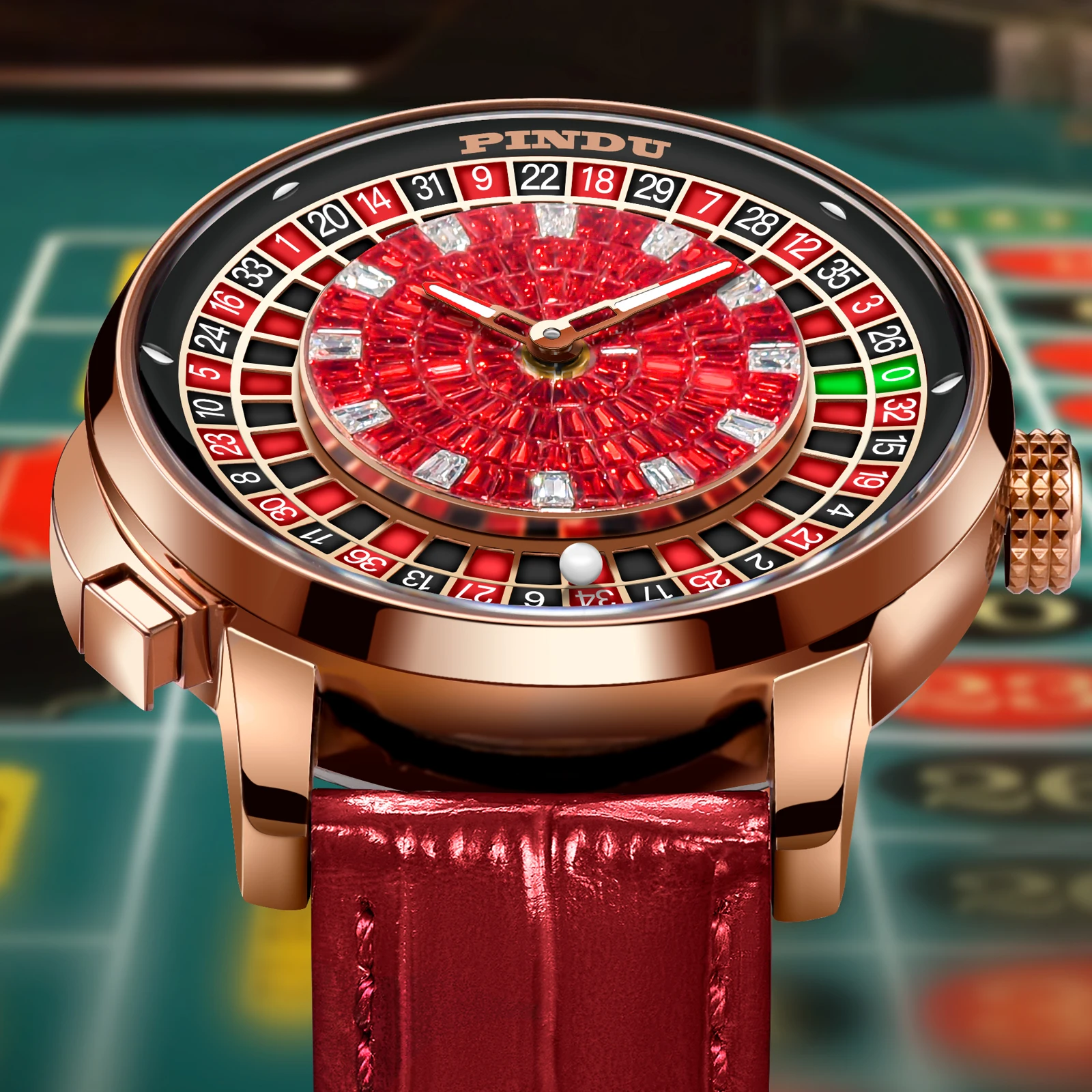 PINDU Design NEW Button Rotating Red Diamond Dial Mechanical Watch Men NH35 Movement Stainless Steel Top Luxury Automatic Watch
