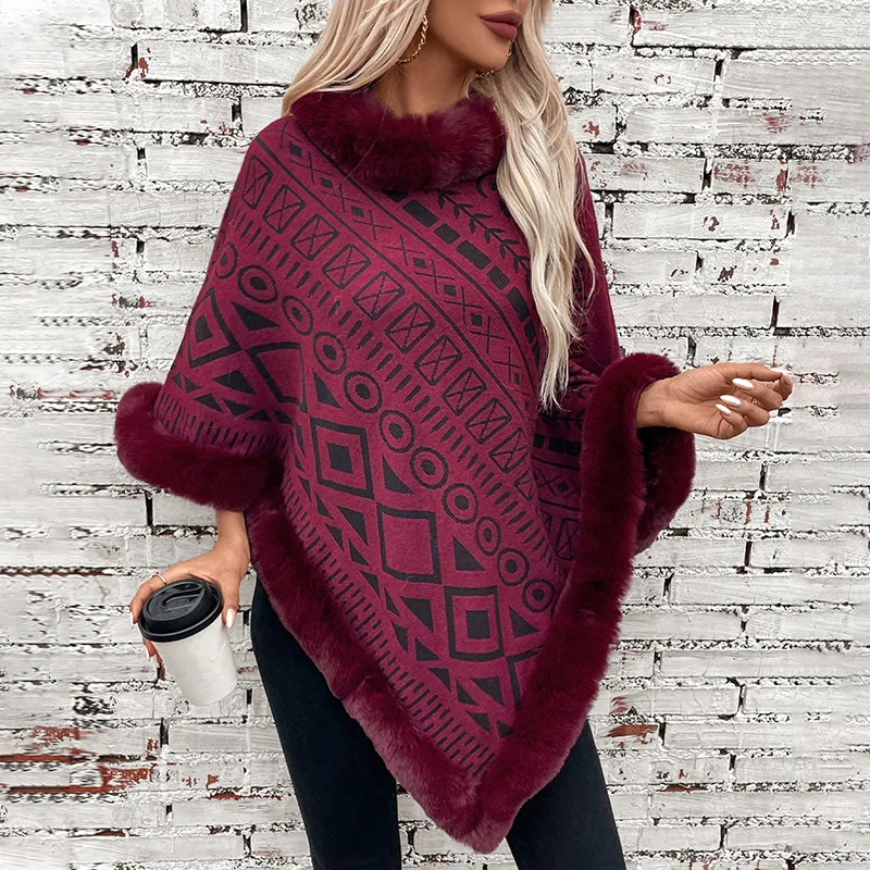 YJKDYK 2024 Winter Women\'s Fur Collar Splicing Pullover Knitted Cape Female Geometric Pattern Loose Casual Sweater Shawl Top