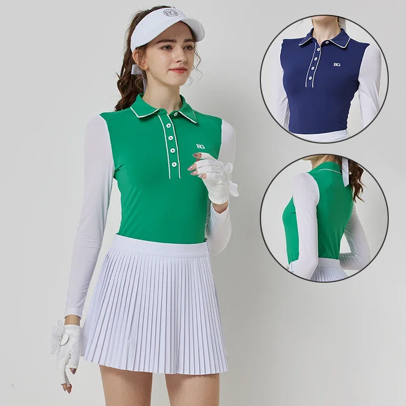 

Blktee Woman Quick Dry Sunproof Golf Shirt Women Ice Silk Long Sleeve Patchwork Golf T-shirt Slim Breathable Elastic Sport Tops