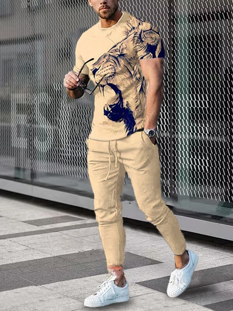 

Мужская тренировочная футболка с 3D принтом льва, мужские модные брюки в уличном стиле, зима-осень, мужская теплая футболка и комплект длинных брюк