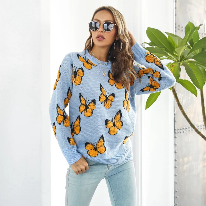 Damski zimowy sweter, długi, dzianinowy, mieszanka bawełny, ciepły, okrągły dekolt, styl uliczny.