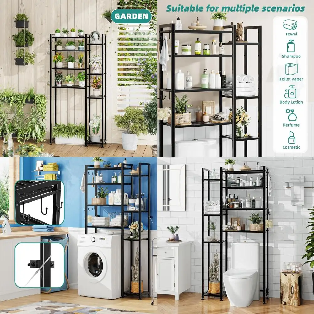 

Elegant 8-Tier Toilet-Top Storage Rack, Black Metal Bathroom Organizer for Towels and Essentials