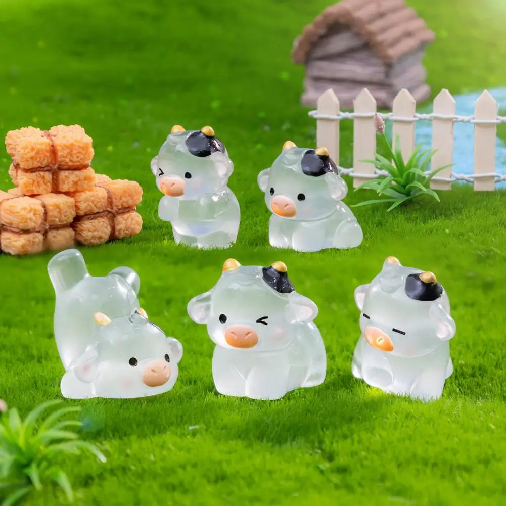 6Pcs 1.9-3.3cm Mini Dairy Cow Figurine Glow-in-the-dark Resin Cattle Ornament Miniature Statue Fairy Garden Desktop Decoration