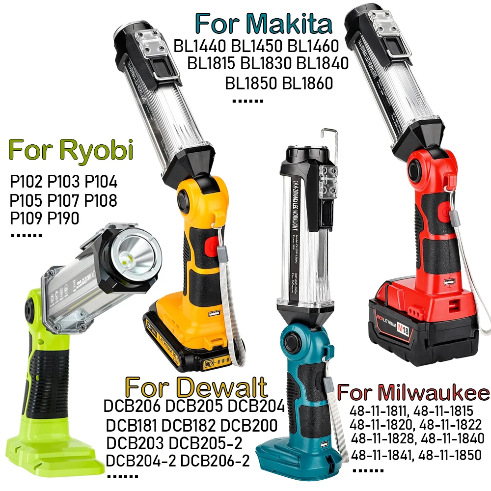 

25W 2000LM LED Work Light for Ryobi/Dewalt/Makita/Milwaukee Batterie Flashlight Cordless Powered Spotlight Handheld Floodlights