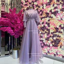 Xijun Modest A-Line Evening Dresses High Collar Full Sleeves Prom Dresses Moroccan Kaftan Formal Dubai Prom Gown Flower Applique