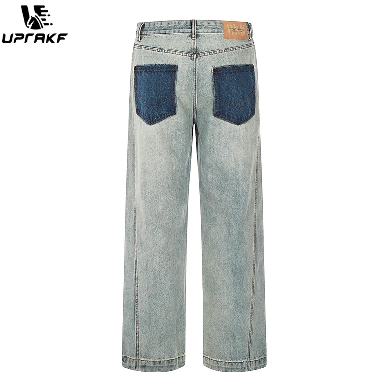 UPRAKF Zip Jeans Pocket Blue Streetwear Denim Pants Casual Straight-leg Fashion Trousers Fit Summer Wide Leg