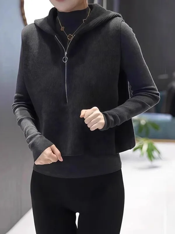 

Premium Feel Hooded Knitted Sweater Vest Women's Autumn Winter plus Size Loose Fitting Slimming Top Commute Sle Faion
