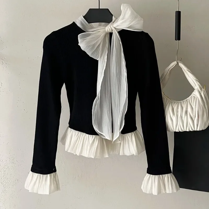 

Милые футболки с бандажным бантом, весенне-осенняя футболка контрастного цвета с оборками для женщин, корейская мода, ретро, Ropa De Mujer