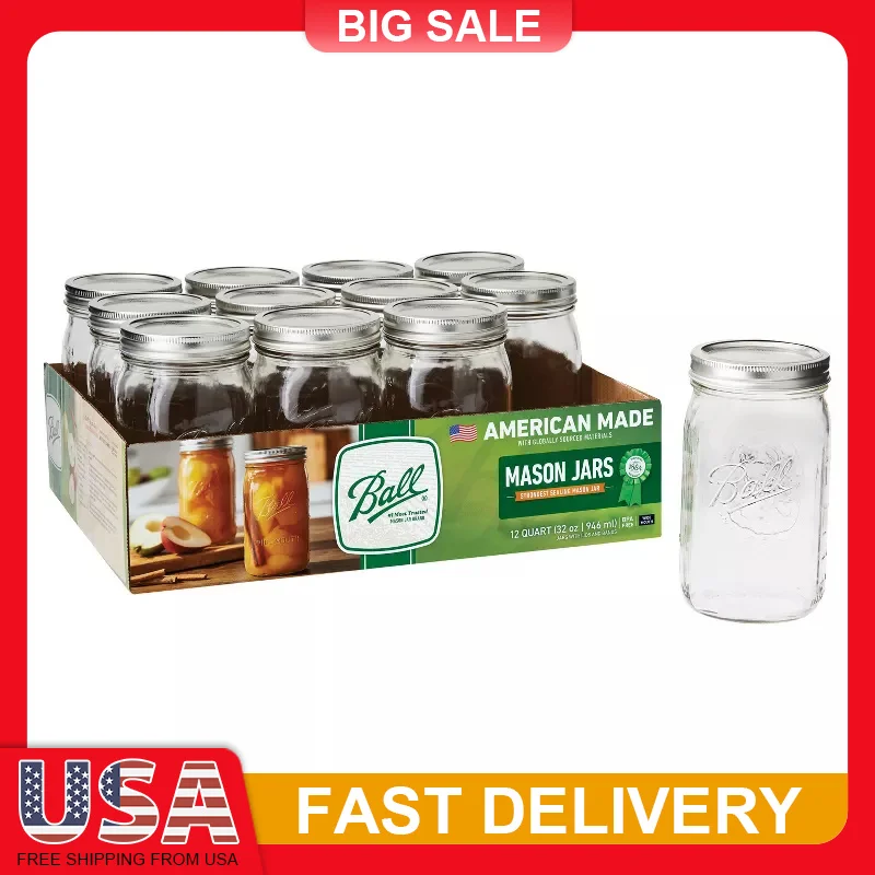 

32 Oz Wide Mouth Mason Jars 12 Pack Glass Canning Jars with Lids Bands Airtight Seal Food Storage Containers