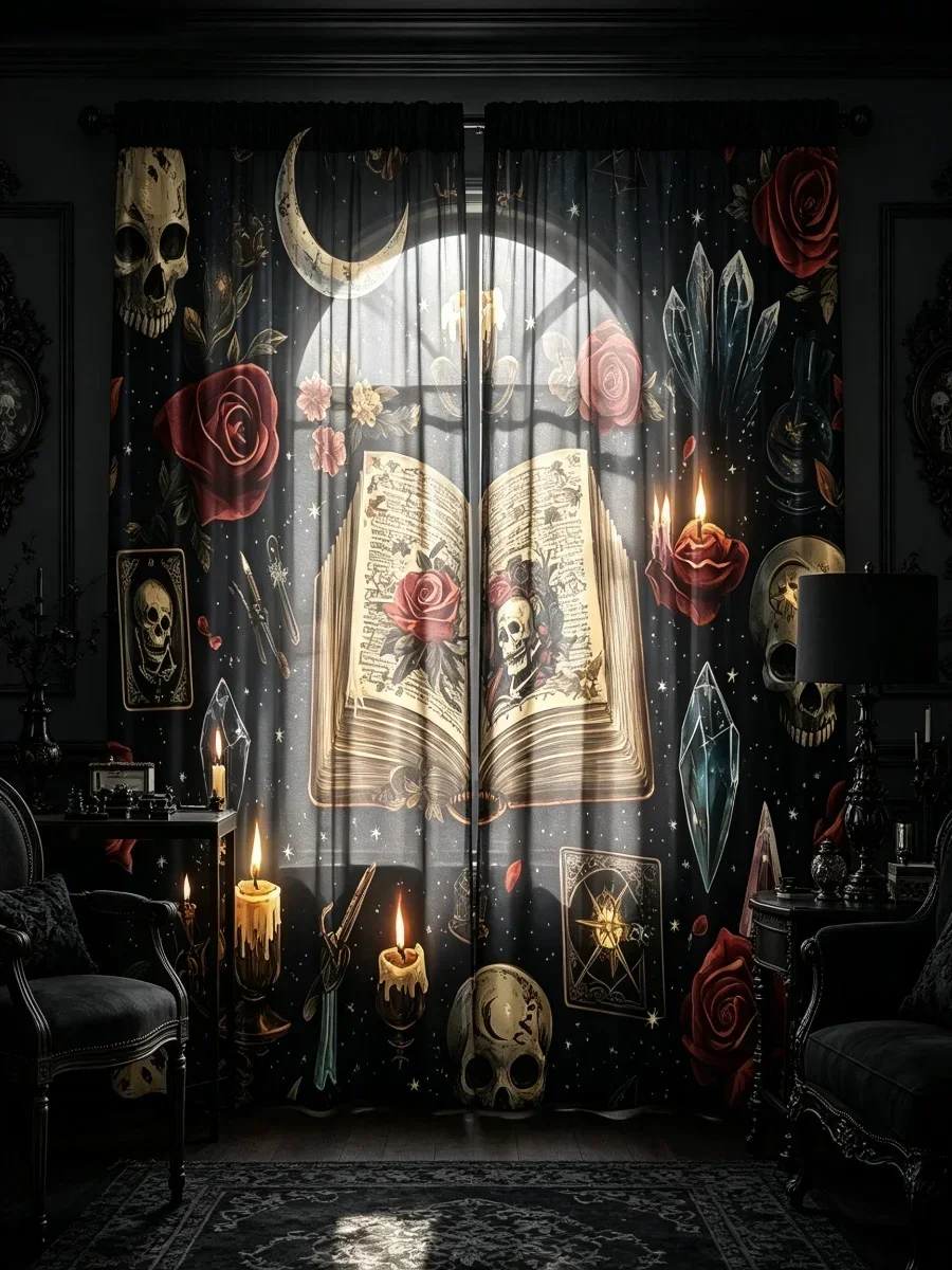 Gothic Skull Tarot Witchy Magic Celestial Moon Stars Dark Academia Curtain Home Decor Tapestry