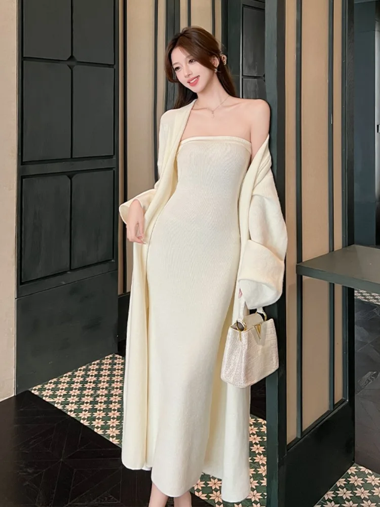 

Женский вязаный комплект из двух предметов Dr с топом на бретелях и открытым кардиганом, сексуальный длинный све, дизайн на одно плечо для осени...