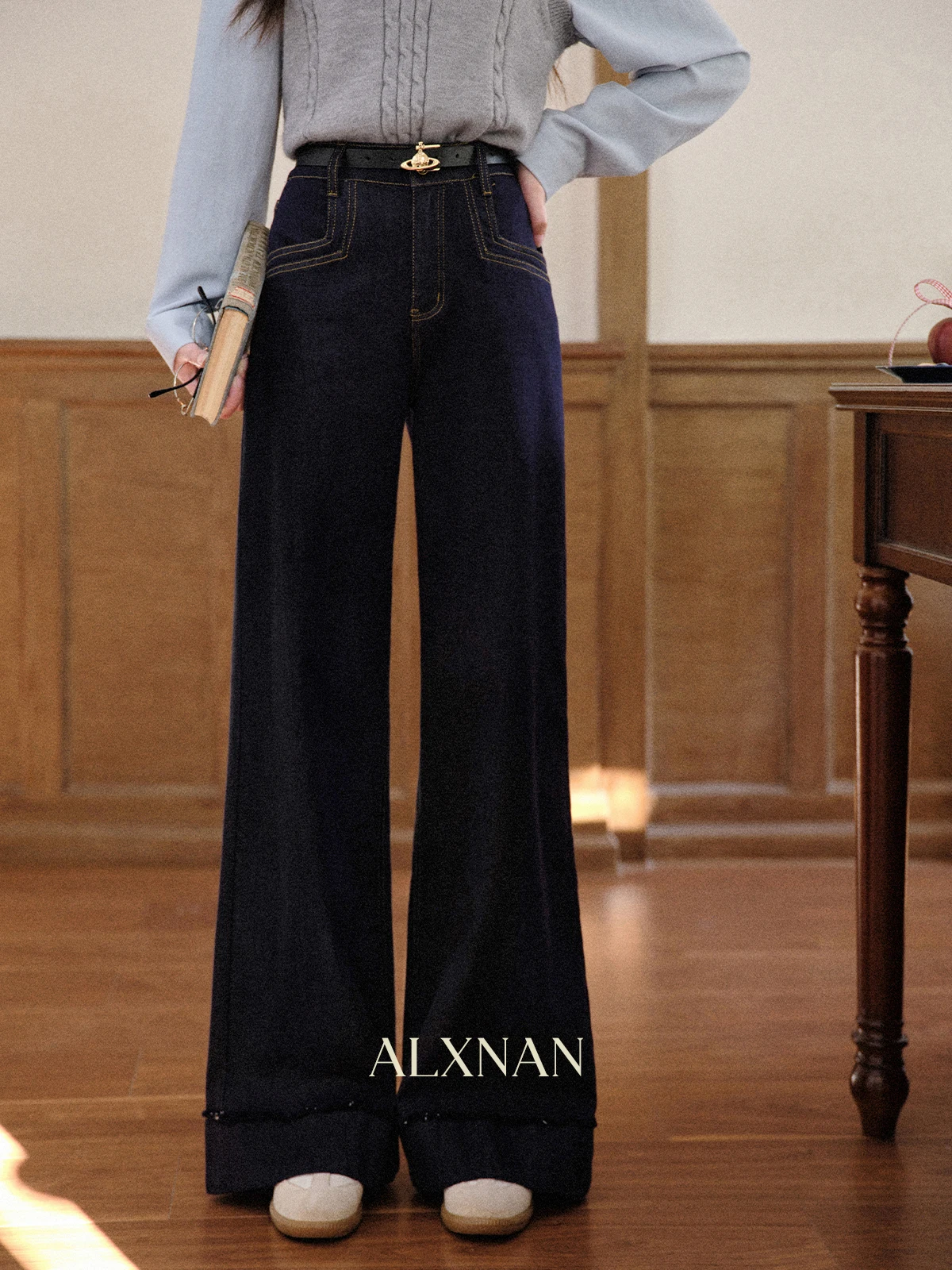 

ALXNAN Dark Blue Jeans Women Vintage High-waist Wide-leg Straight Cotton Denim Jeans Autumn New Casual Drape Baggy Pants L569171