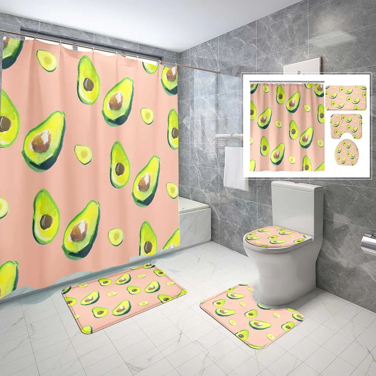 

Наборы занавесок для душа на тему авокадо, 4 шт., с нескользящими ковриками, ковриком для крышки унитаза, 3D милыми зелеными фруктами, водонепроницаемым набором занавесок для душа