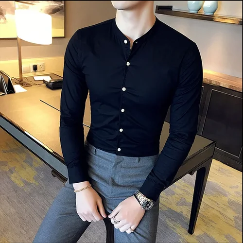 Imagen 2 del producto Camisa ajustada para hombre, Camisas de manga larga informales de negocios con cuello levantado liso de algodón de otoño 2025, Camisas de moda para hombre, ropa para hombre