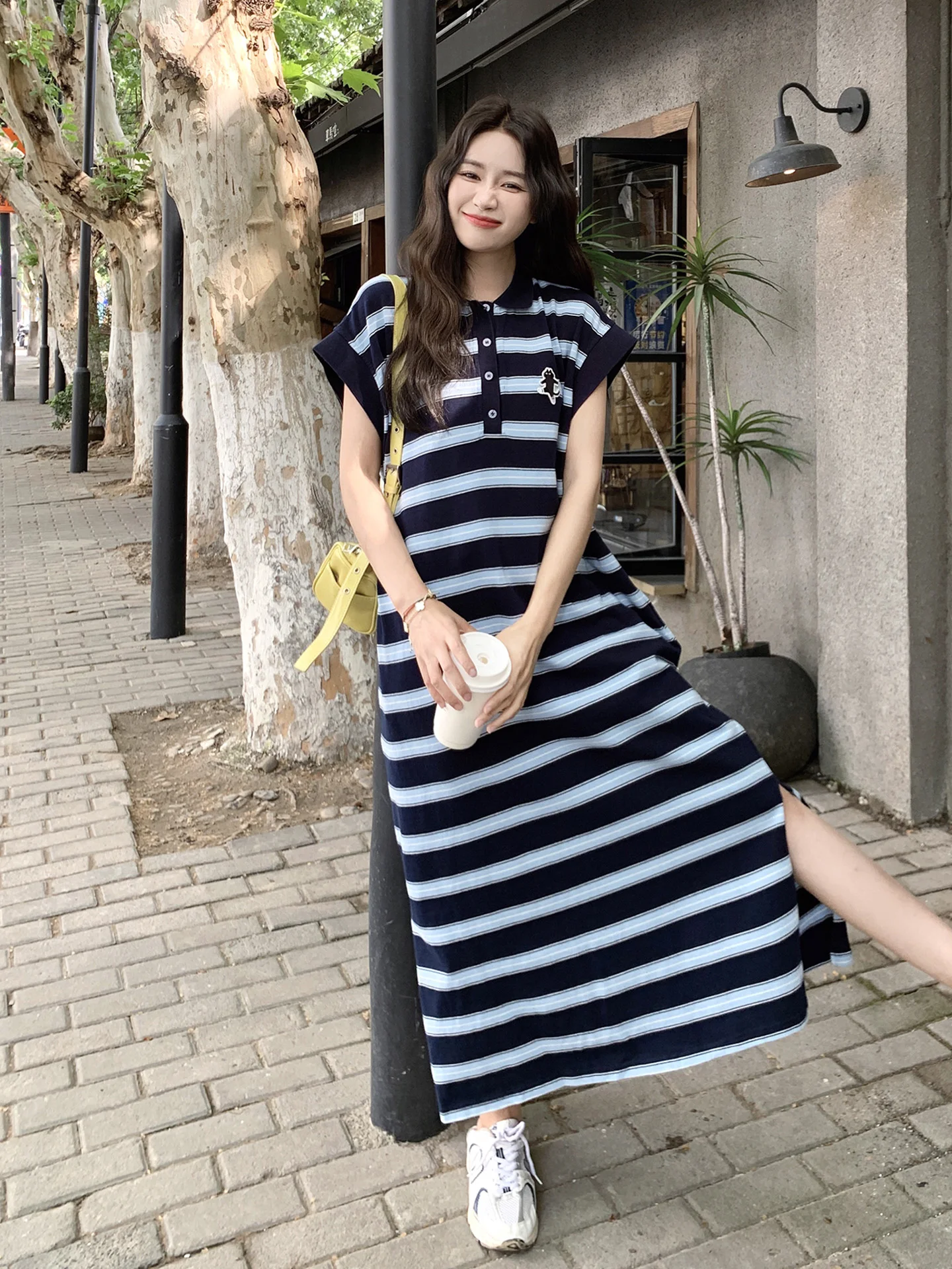 T-shirt col rayé décontracté Dr femme coupe ample été nouveau Sle collège Campus couleur Blo Long Dr Version coréenne