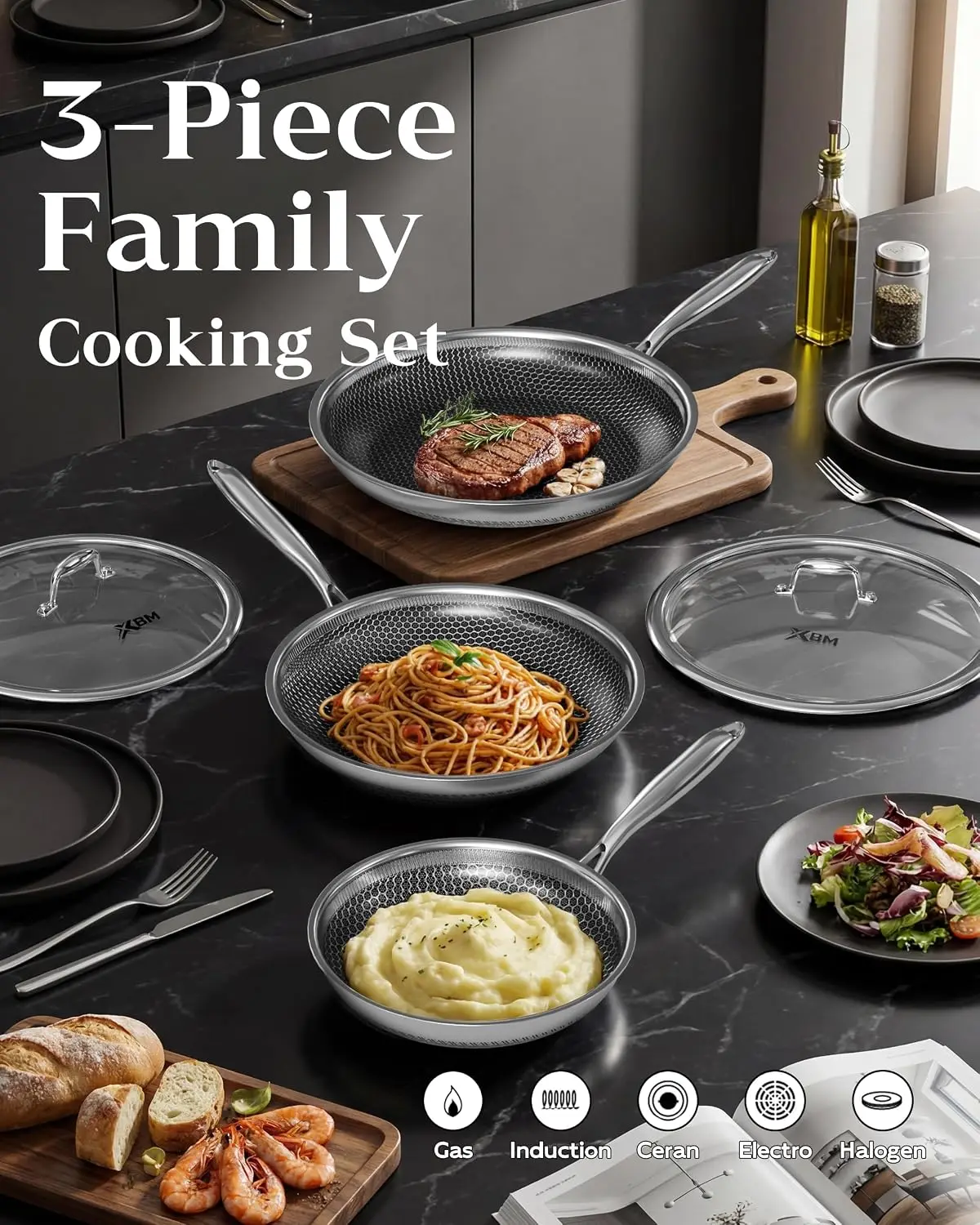 Nonstick Frying Pan Set 3 Lids 8 10 12 Inch Honeycomb Stainless Steel Skillet PFOA Free Scratch Proof Dishwasher Oven Safe All C