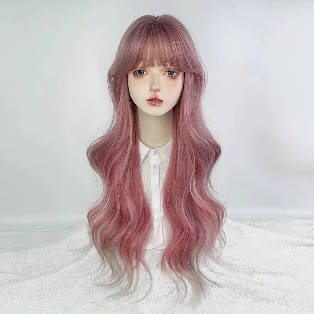 

Pink Ombre Grey Highlights Long Wavy Synthetic Women Wigs with Bangs Fluffy Heat Resistant Wig for Daily Party Lolita Cosplay