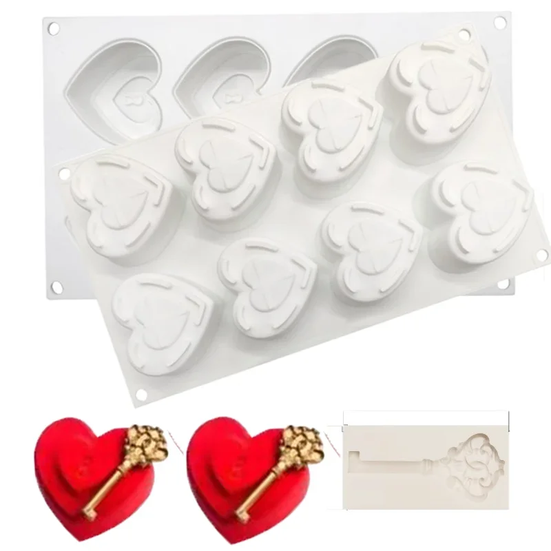 

3D Heart Key Mousse Cake Mold Silicone Pastry Mold DIY Chocolate French Desserts Candy Fondant Cake Decoration Baking Tool