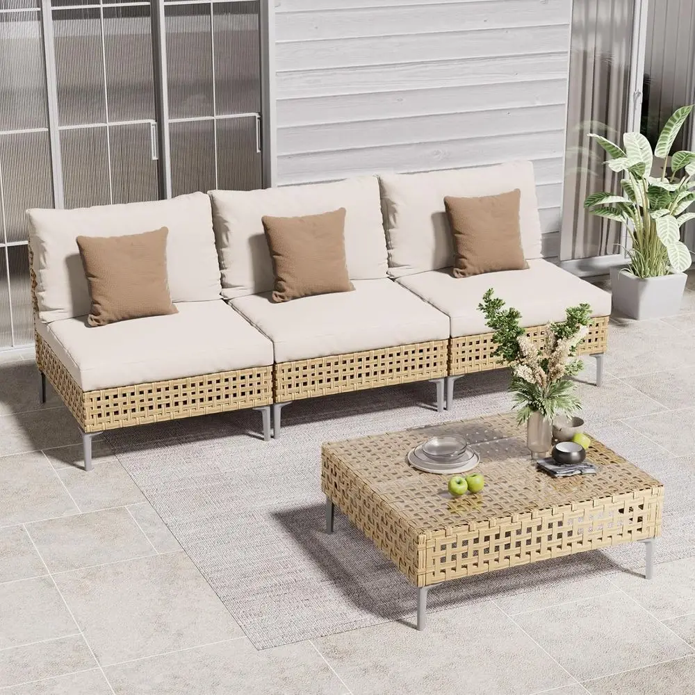 

4-Piece Wicker Patio urniture Set, Boho Outdoor Contion Set Sectional Soa with Water Resistant Thick Cushions and Coee Table, Cr