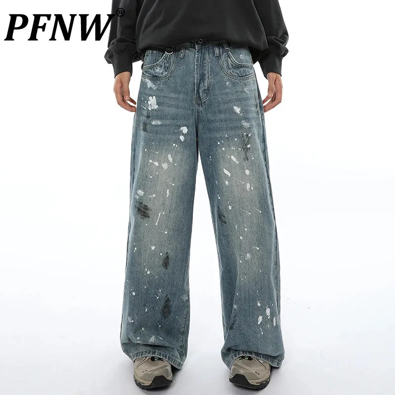 

PFNW Jet-ink Printing Design Jeans Male High Street Worn-out Loose Straight Wide Leg Denim Pants 2024 Autumn Chic New 28W4063