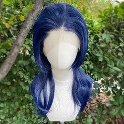 Dark Blue Rocker Cosplay Wigs for Men 13x4 Synthetic Lace Front Wigs for Women Shoulder Length Short Curly Wigs with Ponytails