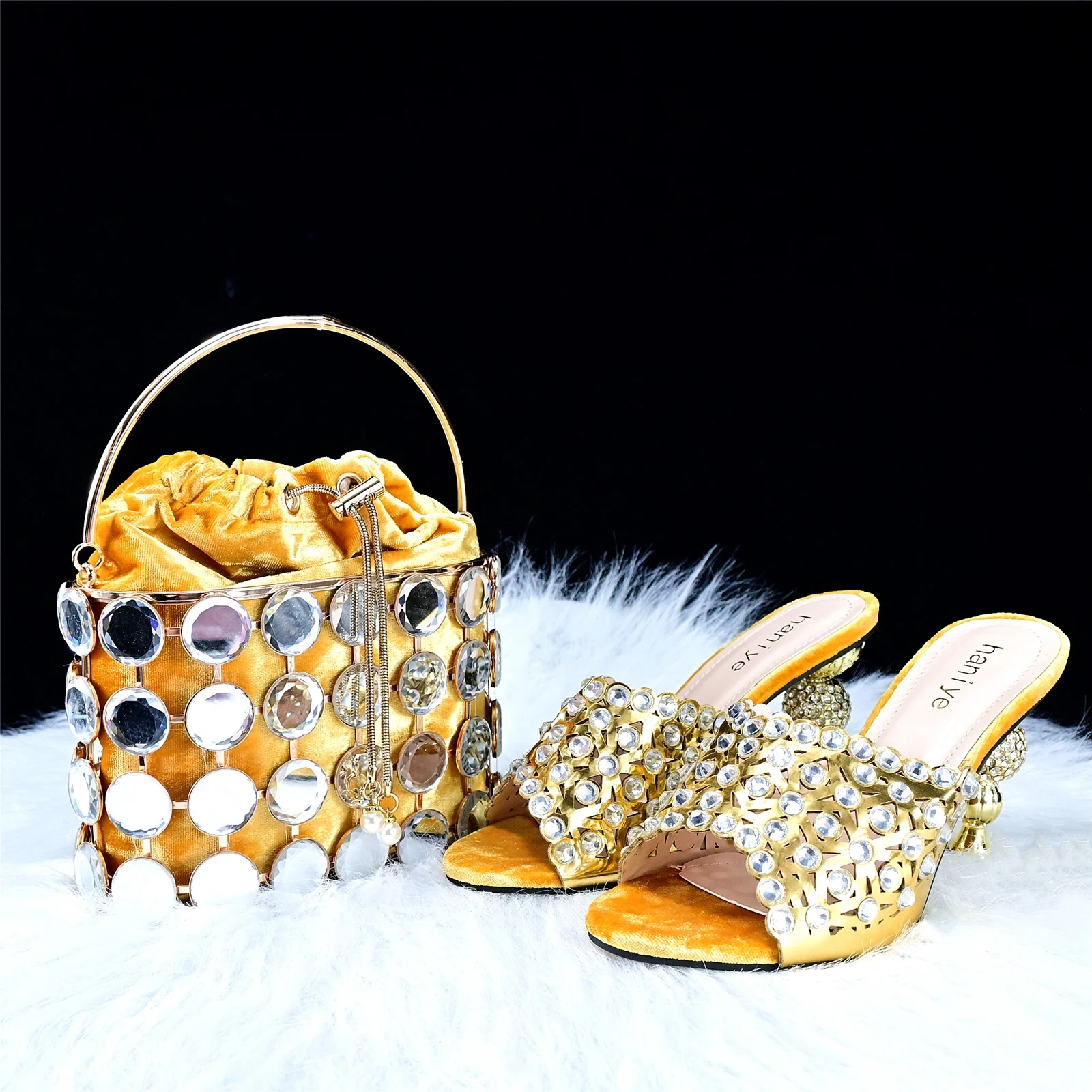 Haniye 9cm High Heels Shoes Matching Bag Set in Gold Color Nigerian Women Shoe and Bag Set for Party Wedding