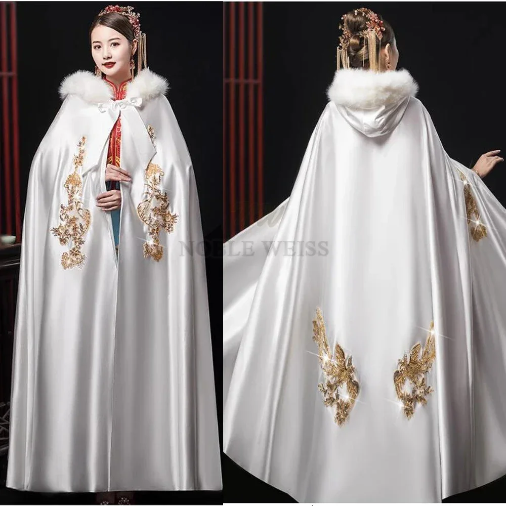 Faux Fur Satin Wedding Wrap Gold Appliques Bridal Capes Coat Jacket Bride Cloak With Hood Customized