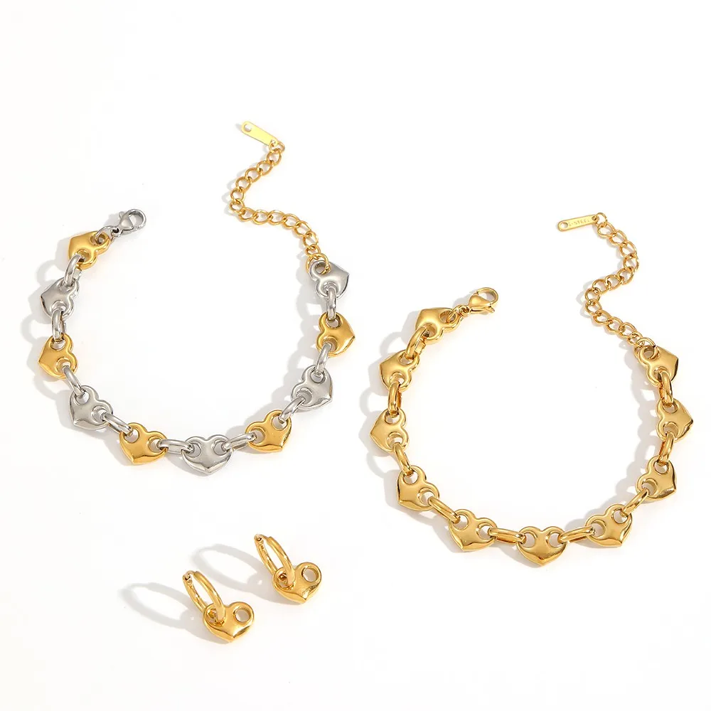 Minimalistischer Modeschmuck aus Edelstahl, zweifarbiges Herz-Knopf-Armband, Halskette, Ohrringe, Damen-Party-Schmuckgeschenke – Detail 4