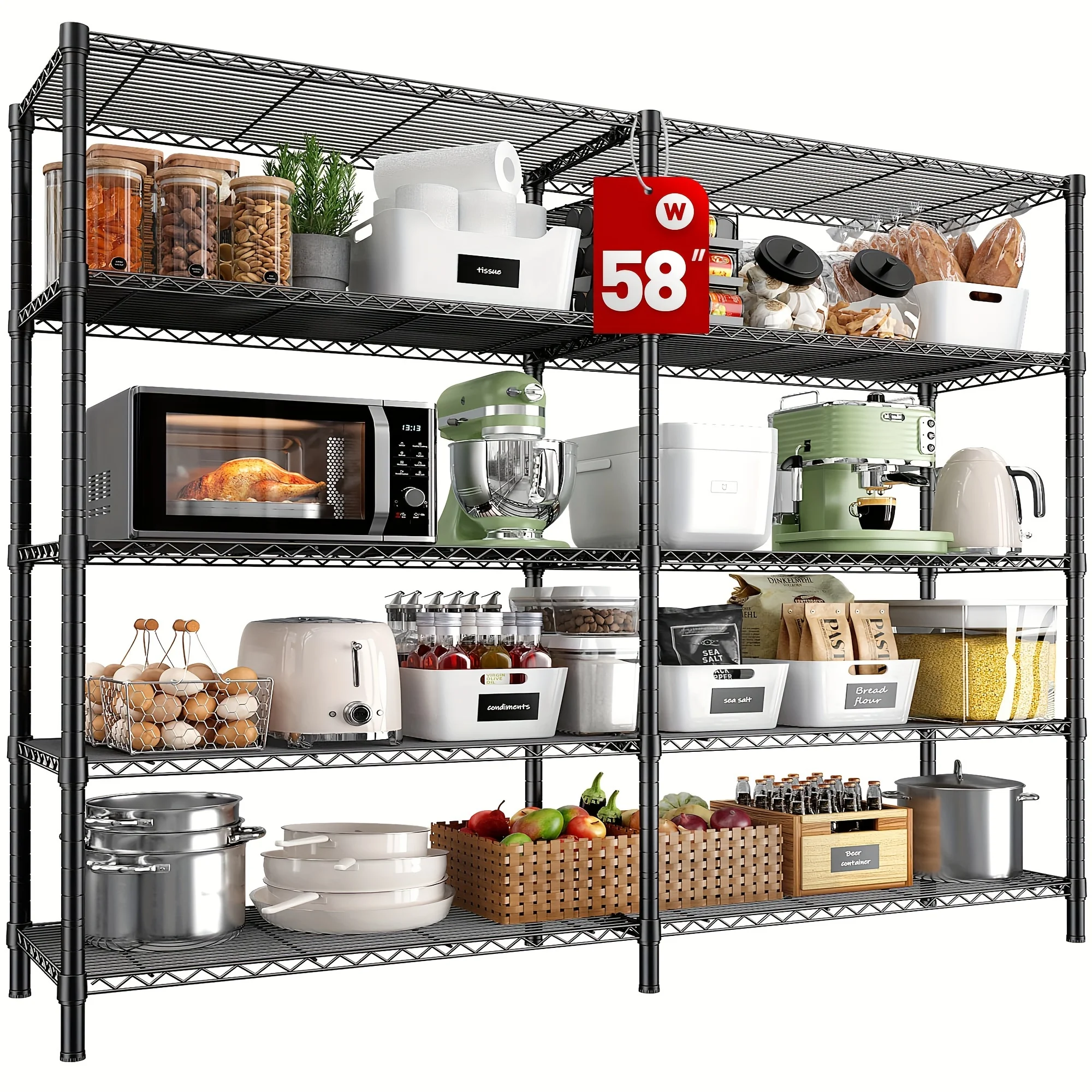 1400LBS Heavy-Duty 5-Tier Metal Storage Shelves - 58''W Wire Shelving Unit for Garage, Pantry, Kitchen - Sturdy, Adjustable