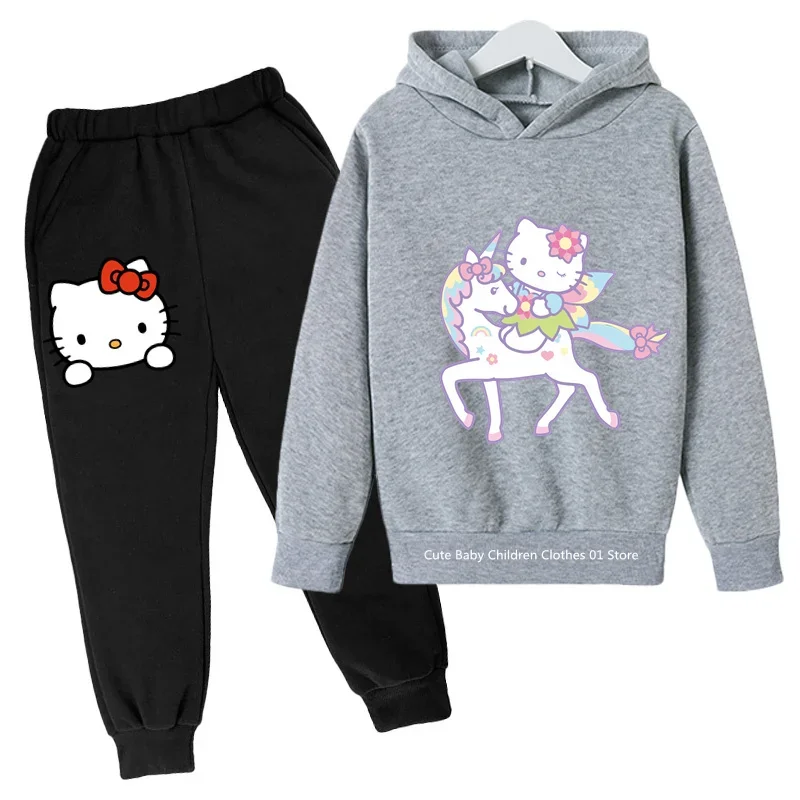 2024Hello Kitty Kids pullover hoodie set Student Outdoor sports Kawaii Girls Fashion anime casual wear 4-14 years old