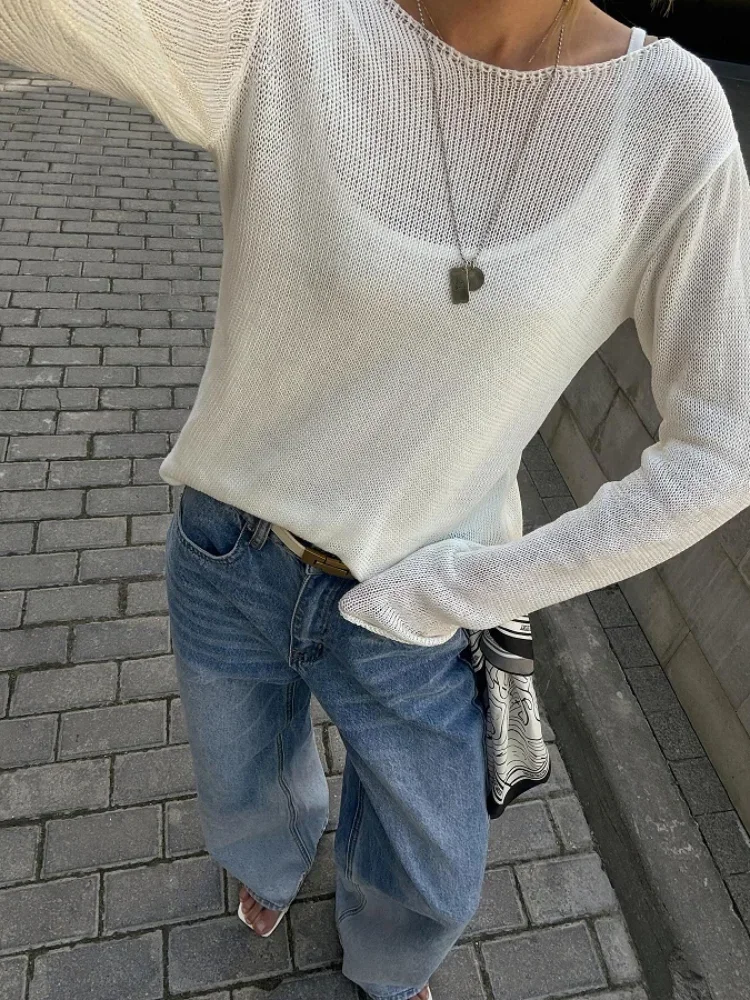 Elegant Knitted Hollow Out Pullovers Women Loose O-neck Long Sleeve See Through Jumper Summer Y2k Chic Lady Beach Sweater