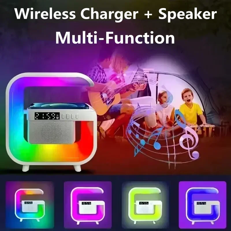 Wireless Charger Pad Stand Bluetooth Speaker RGB Night Light Alarm Clock Phone Fast Charging Station for iPhone Samsung Xiaomi