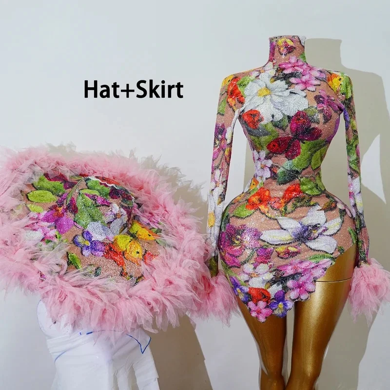 Luxurious Tropical Floral Print Glitter Long Sleeve Mini Jumpsuit with Feather Wide Brim Hat Two Piece Stage Performance Outfit