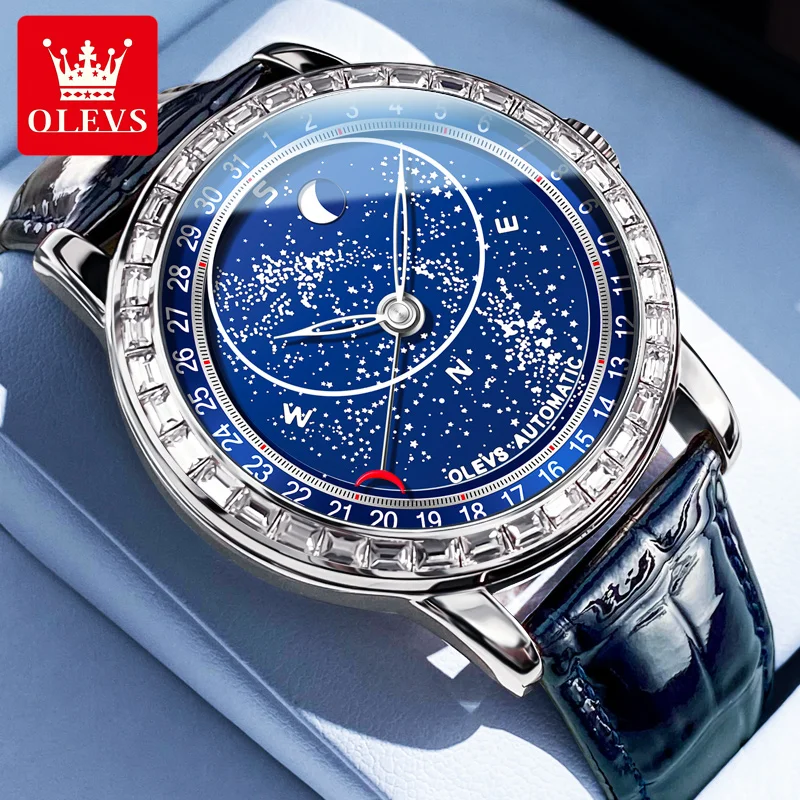 

OLEVS 9923 Men's Automatic Mechanical Watch Luxury Diamond Starry Sky Waterproof Luminous Dial Fashion Blue Leather Men's Watch