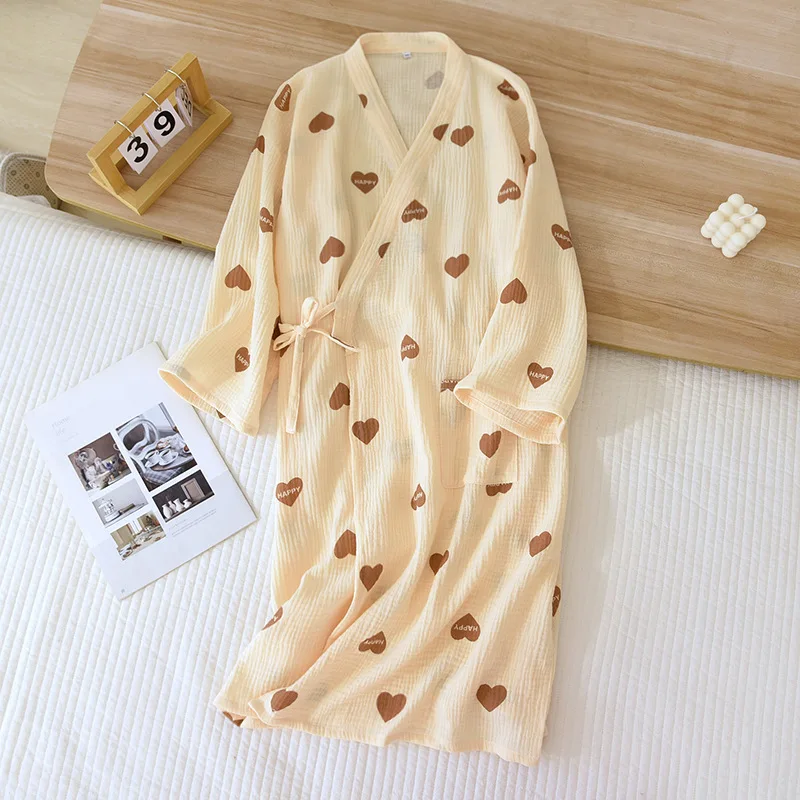 2023 Japanese Style Kimono Spring Summer New 100% Cotton Crepe Ladies Thin Nightgown Women Bathrobe Robe Home Service Pajamas