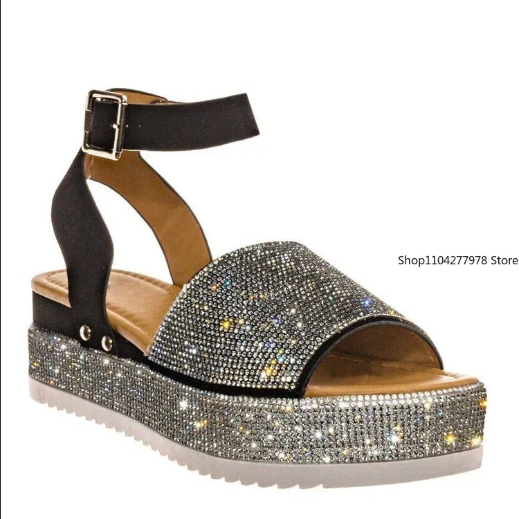 Women's Sandals Fashion Rhinestone Wedge Sandals Ladies Summer High Heels Platform Shoes Outdoor Open Toe Casual Sandals Size 43