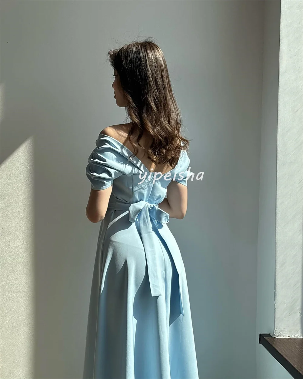 Sukienki szyte na miarę w nowoczesnym, eleganckim stylu, z dżerseju, z kokardą, plisowane, w kształcie litery A, z odkrytymi ramionami, o długości do kostek, sukienki na specjalne okazje, klasyczne.