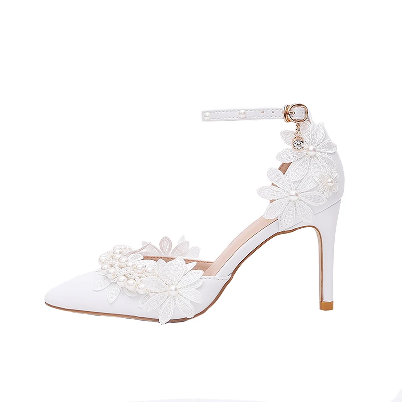 New Style Sweet Pointed Toe White Satin Sandals Lace Flower Pearl Stiletto High Heel Women Bride Wedding Dress Shoes Ankle Strap