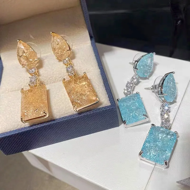 Ice Crack Broken Diamonds Water Droplet Earrings for Women Crystal Light Blue Yellow Square Earring  Banquet Jewelry Accessories