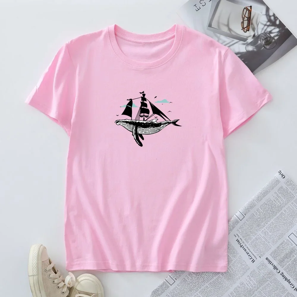 Camiseta de algodão de manga curta feminina, tops femininos verão, camisetas gráficas baleia e veleiro, roupas plus size