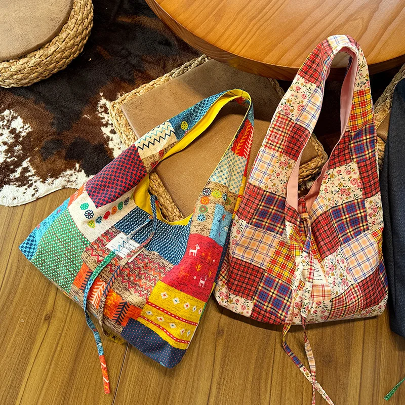 

2026 New Vintage Boho Patchwork Fabric Tote Bag Women's Literary Large Capacity Shoulder Crossbody Bag Casual Daily Bag