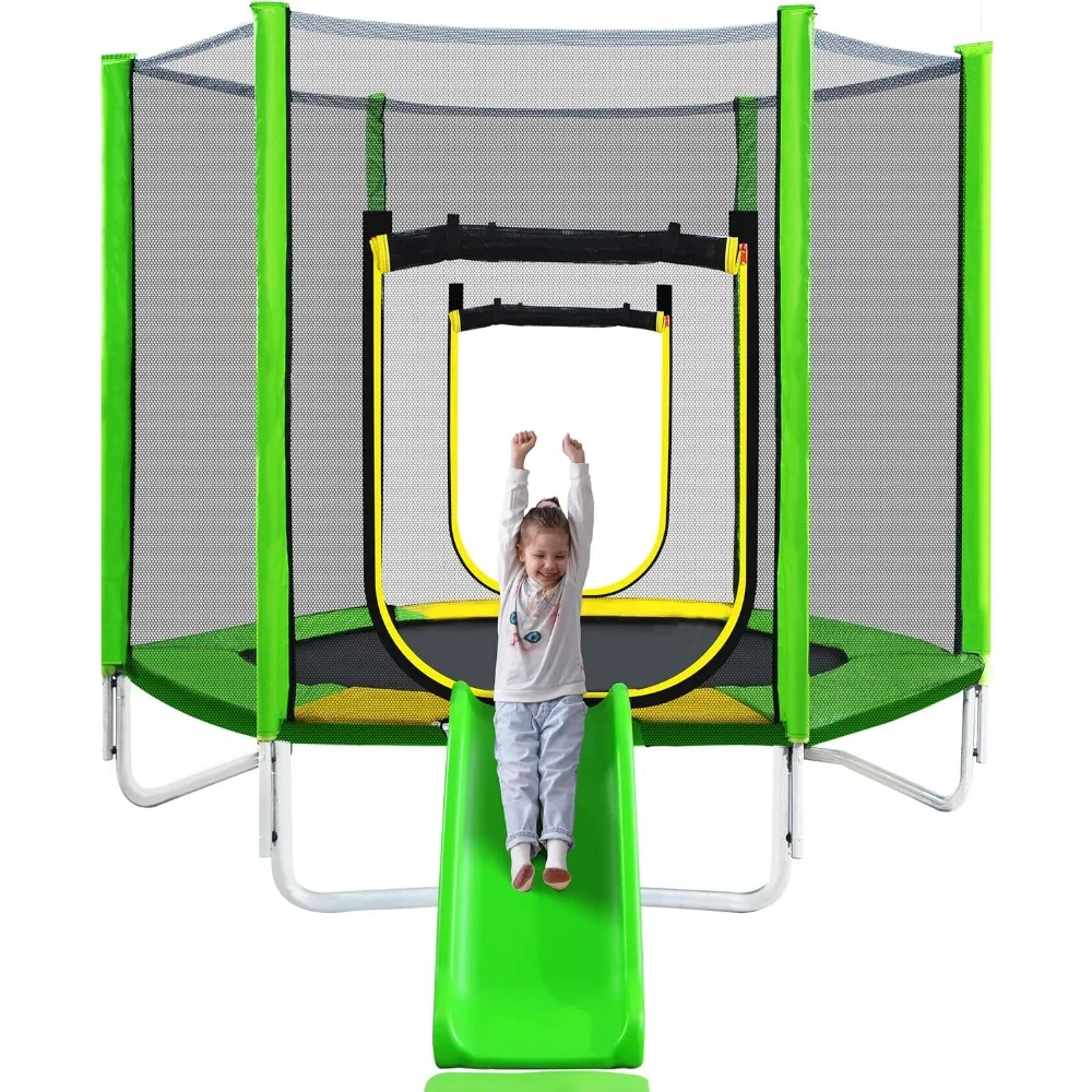 

7ft Kids Trampoline with Slide,Enclosure Net and Ladder, Climb ‘n Slide Small Toddler Trampoline Indoor Outdoor for Kids